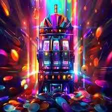 Mesin slot digital dengan efek cahaya neon di latar belakang gelap